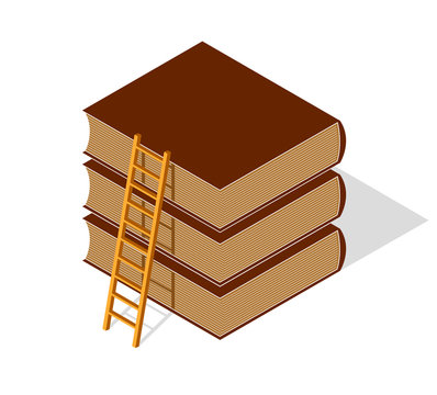 Education and knowledge concept shown with book and ladder to the top, vector concept illustration in 3d isometric style.