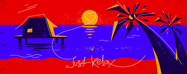 Summer tropical beach with palms and house vacations and holidays vector illustration, relaxation and rest, travel and tourism, ocean sunset.