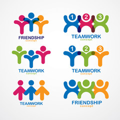 Teamwork businessman unity and cooperation concepts created with simple geometric elements as a people crews. Vector icons or logos set. Friendship dream team, united crew colorful designs.