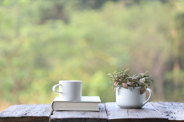 notebook and white coffee cup with red plant Nerve plant in small cup pot on wooden table at outside