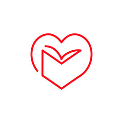 Book and heart symbol on white backdrop. Loving books concept