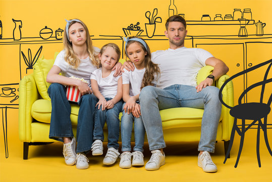 sad family watching movie on sofa with popcorn bucket on yellow, kitchen interior illustration