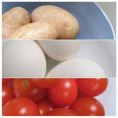 Food collage, potatoes, eggs and cherry tomatoes 