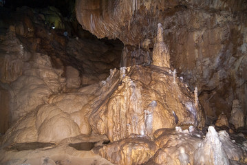 stalactites and stalagmites in an underground deep cave, formations on rocks and rock under the influence of water