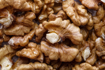 Peeled Raw Walnuts. Fresh organic Nuts. Raw nuts. Many delicious Walnuts as a food background.