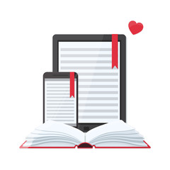 Media book library concept. E-book, E-learning online, archive of books concept. Vector stock illustration in flat style.