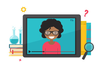 Online education, distance learning concept. Tablet computer with video tutorial teacher. Design templates for e-learning, online education, webinar. Modern flat vector illustration.