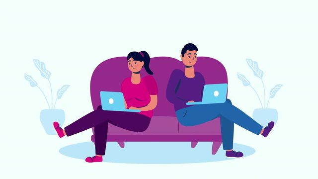 couple using laptops in sofa stay at home campaign