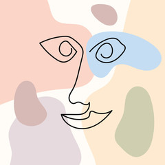 Sketch of human face on colored abstract background. Vector illustration drawn by hand.