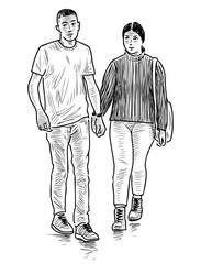 Fototapeta na wymiar Sketch of couple young people walking along street