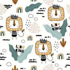 Funny cartoon cute baby lion king seamless pattern. Hand drawn illustration. Jungle animals and background.