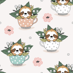 Cute cartoon sloth in cup with flowers seamless pattern. Hand drawn illustration. Jungle animals background. © TheBlackRabbit