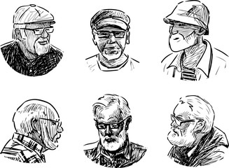 Sketches of faces various elderly men