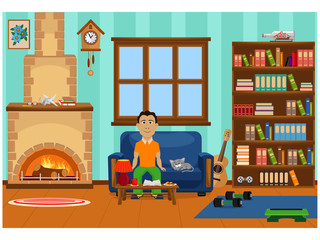 Fototapeta premium A person is sitting in a chair, reading and having a good time. Vector illustration on the theme of home interior. Stay home.