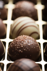 Mixed luxury dark and milk chocolate truffles. Assorted delicious handmade chocolate pralines in a row. Full frame background. Studio shot. Close-up