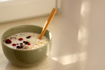 Breakfast bowl with oatmeal, berries and coconut chips, illuminated by morning sunlight. Selective focus.