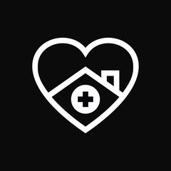 Love Home Logo Design. Stay at Home. Line Heart with House and Cross Shape Within, House with Heart Symbol Illustration Isolated on Black Background.