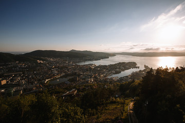 Norwegian city of Bergen from a bird's eye view at sunset