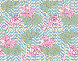Lotus. Seamless pattern. Vector illustration. Suitable for fabric, wrapping paper, digital paper, wall paper and the like