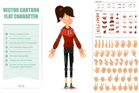 Cartoon flat cute sport girl character in red hoodie. Ready for animations. Face expressions, eyes, brows, mouth and hands easy to edit. Isolated on white background. Big vector icon set.