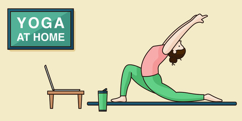Women doing yoga activity at home, illustration in vector. Stay at home and things to do in self isolation and social distancing during epidemic of corona virus.