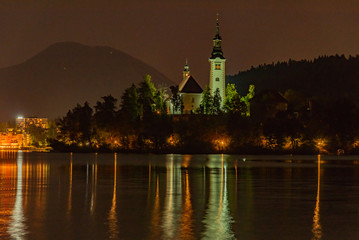 Panorama on Lake Bled in Slovenia at night