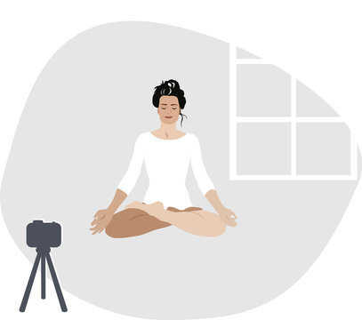 Young beautiful woman blogger sitting in lotus position camera streaming window in background flat  illustration