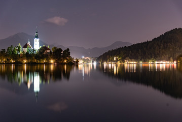Fototapeta na wymiar Panorama on Lake Bled in Slovenia at night