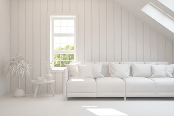 White minimalist living room with sofa. Scandinavian interior design. 3D illustration