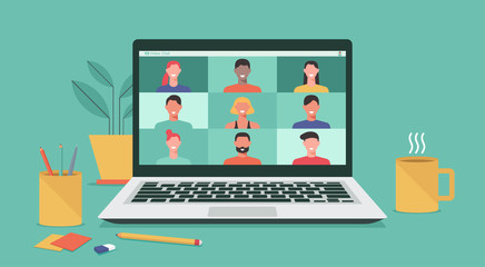 people connecting together, learning or meeting online with teleconference, video conference remote working on laptop computer, work from home and anywhere, new normal concept, vector illustration - obrazy, fototapety, plakaty