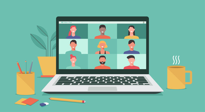 people connecting together, learning or meeting online with teleconference, video conference remote working on laptop computer, work from home and anywhere, new normal concept, vector illustration