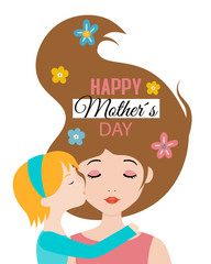 Mothers day card. Little girl giving her mother a kiss. isolated vector