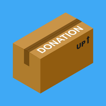 Isometric cardboard donation box vector illustration isolated on blue background.