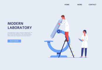 Modern laboratory website banner with people and miscroscope