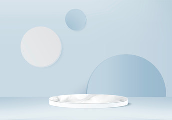 blue pastel product Podium on background. Abstract minimal geometry concept. Studio stand platform theme. Exhibition and business marketing presentation stage. 3D illustration rendering graphic design