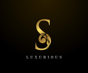 Gold Elegant letter S Logo. Graceful style. Calligraphic beautiful logo. Vintage drawn emblem for book design, brand name, business card, Restaurant, Boutique, Hotel. Vector illustration
