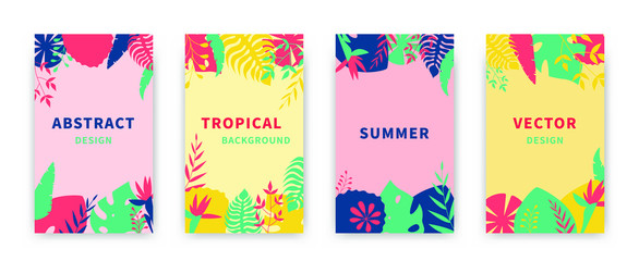 Abstract summer backgrounds. Vertical posters nature landscape leaf palm tree. Social media stories, design templates for advertising, banners, greeting cards. Vector illustration
