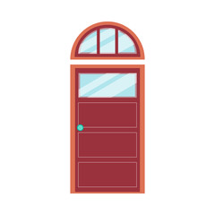 Red modern front door with arched top window, isolated vector illustration.