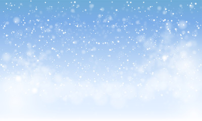 Winter snowfall and snowflakes on light blue background. Cold winter Christmas and New Year background. Vector illustration