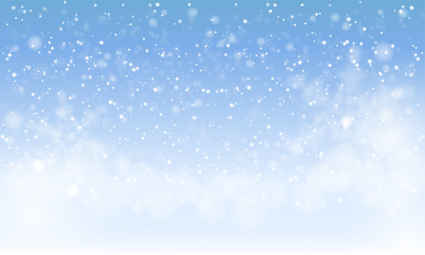 Winter snowfall and snowflakes on light blue background. Cold winter Christmas and New Year background. Vector illustration
