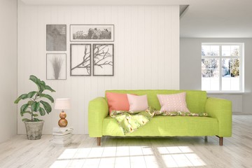 Obraz premium White living room with sofa. Scandinavian interior design. 3D illustration