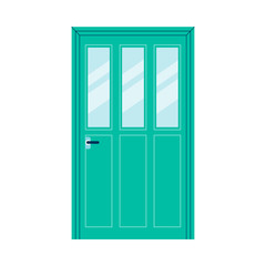 Green front door with three narrow window panels and handle