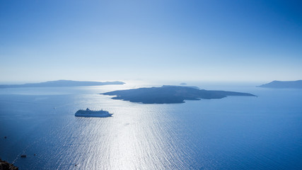 Amazing seascape view of caldera and nea volcano with cruise ships  in Fira, Santorini, Cyclades,  Greece  