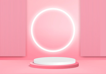 3d Pink abstract geometric background. Bright pastel podium or pedestal backdrop. Blank minimal design.  Empty 3D Pink pedestal winner. Stage for awards ceremony on website in modern.3D render