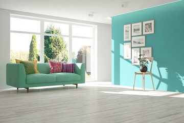 White living room with sofa and summer landscape in window. Scandinavian interior design. 3D illustration