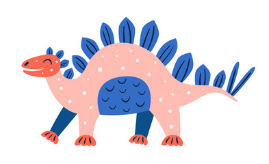 Little cute pink stegosaurus. Prehistoric animals. Jurassic world. Paleontology. Reptile. Archeology. Flat colourful vector illustration, art isolated on white background.