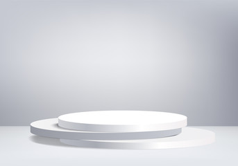 3d grey abstract geometric background. Bright pastel podium or pedestal backdrop. Blank minimal design.  Empty 3D white pedestal winner. Stage for awards ceremony on website in modern. 3D render