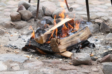 Bonfire. Firewood burn in the yard. Selective focus