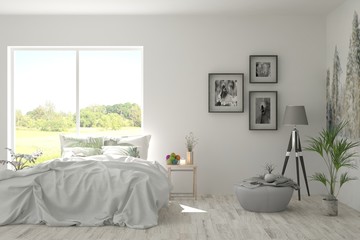Stylish bedroom in white color with summer landscape in window. Scandinavian interior design. 3D illustration