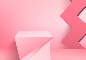 Pink pastel product Podium on background. Abstract minimal geometry concept. Studio stand platform theme. Exhibition and business marketing presentation stage. 3D illustration rendering graphic design